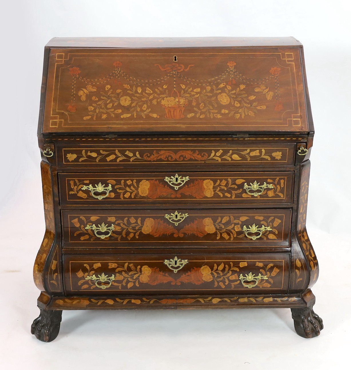 A late 18th century Dutch mahogany and floral marquetry bombé bureau, width 120cm, depth 60cm, height 111cm